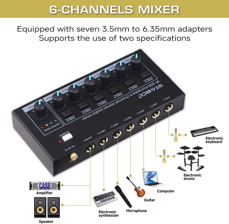 STABCL Mini 6-Channel Audio Mixer with 7 pcs 6.35mm to 3.5mm Adapter Jack, Stereo Line Mixer for Sub-Mixing, Multi-Input (Mic/Guitar/Keyboard/Bass), Powered by 5V DC - Image 4